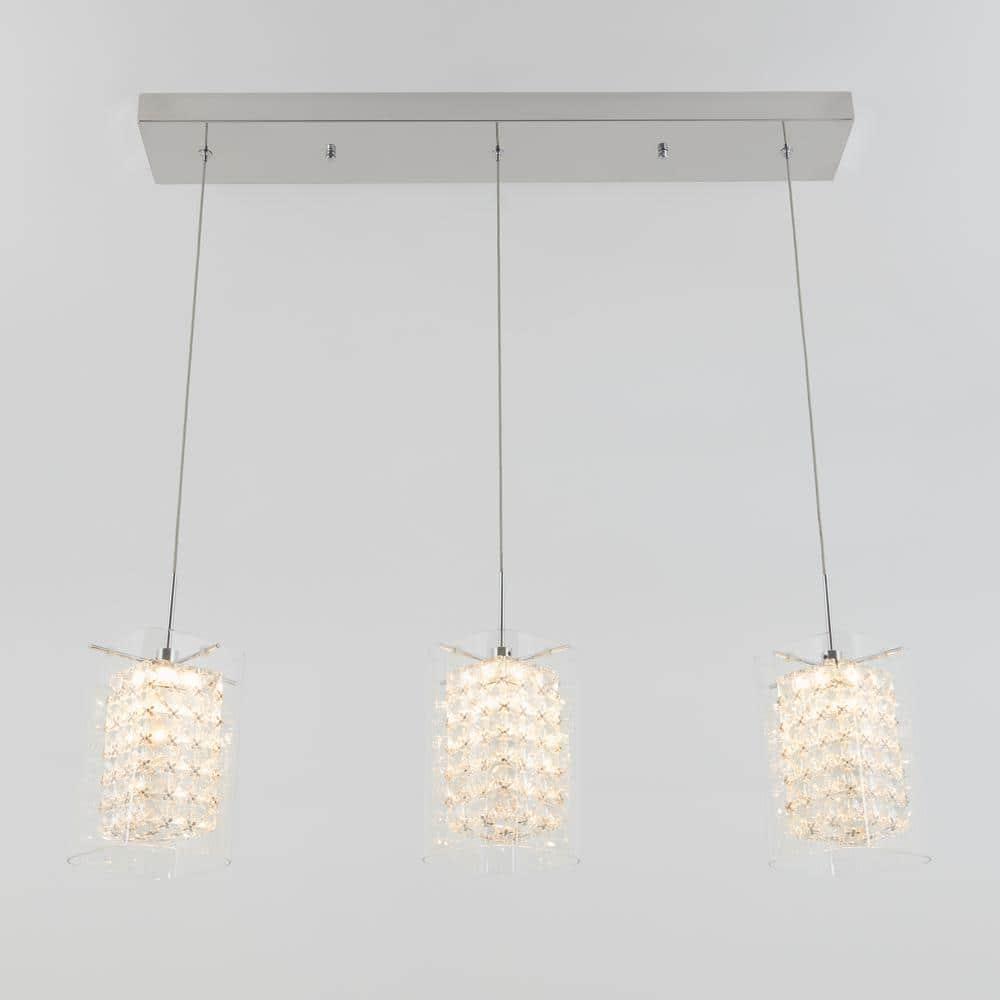Crystal Cube 13-Watt 3 Light Chrome Modern Integrated LED Pendant Light Fixture for Dining Room or Kitchen