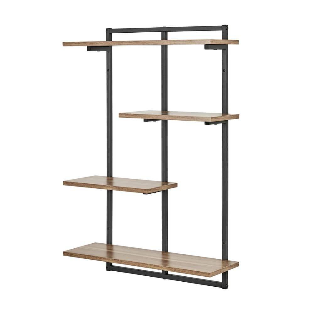 Danya B. 34.5" x 23.6" Rhodes 4 Tier Modern Floating Windowsill Wall Shelf Unit Black/Light Walnut: MDF & Iron, Open Design