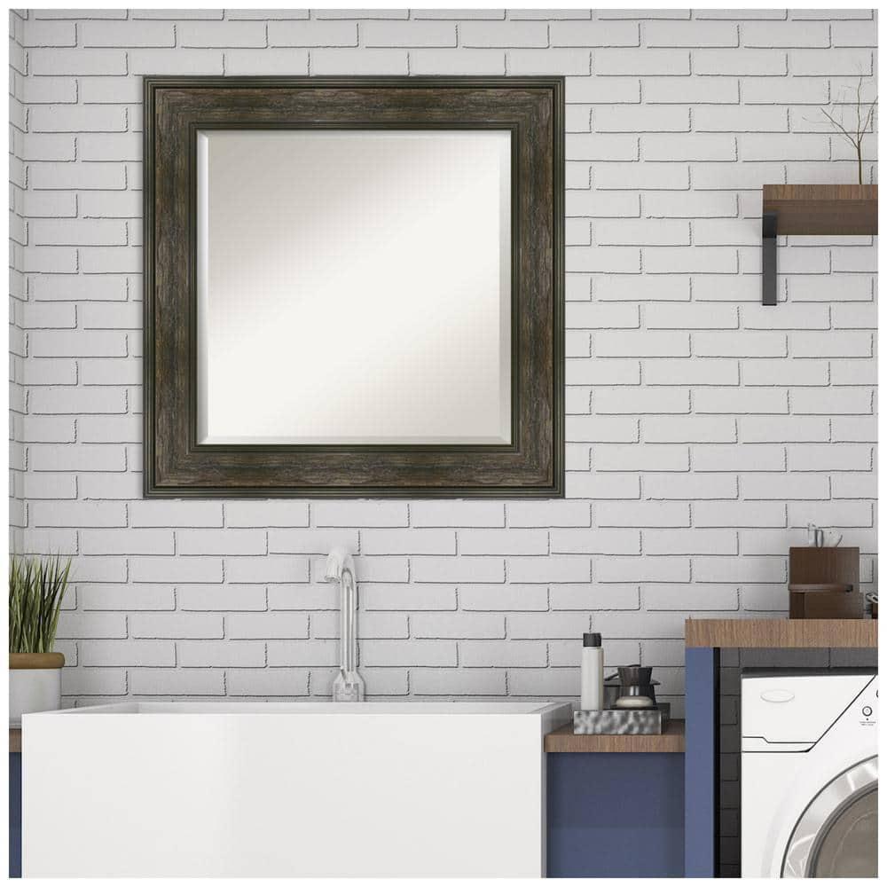 Amanti Art Beveled Bathroom Wall Mirror - Rail Rustic Char Frame - Rail Rustic Char Outer Size: 26 x 26 in