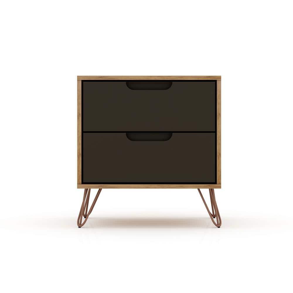 Set of 2 Rockefeller 2 Drawer Nightstands Nature/Textured Gray - Manhattan Comfort: Modern Splayed Metal Legs, MDF