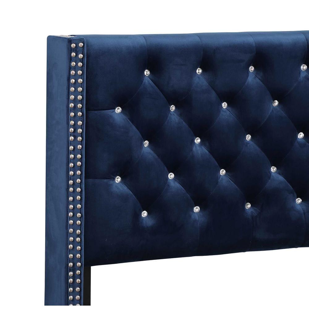 Passion Furniture Julie Navy Blue Tufted Upholstered Low Profile Queen Panel Bed