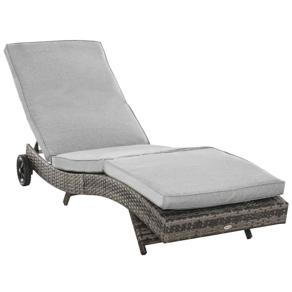 Outsunny Patio Wicker Chaise Lounge Chair, Outdoor PE Rattan Sun lounger w/ 5-Level Adjustable Backrest & 2 Wheels for Easy Movement, Mixed Gray