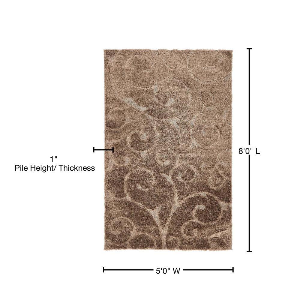Brown Floral Shag Synthetic Rectangular Area Rug 5' x 8'