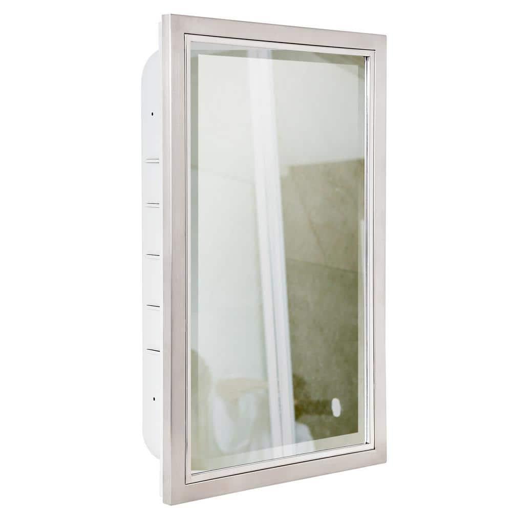 Head West Recessed Medicine Cabinet with Mirror - Brushed Nickel & Chrome Framed Beveled Edge Stainless Steel Bathroom Mirror with Storage - 16" x 26"