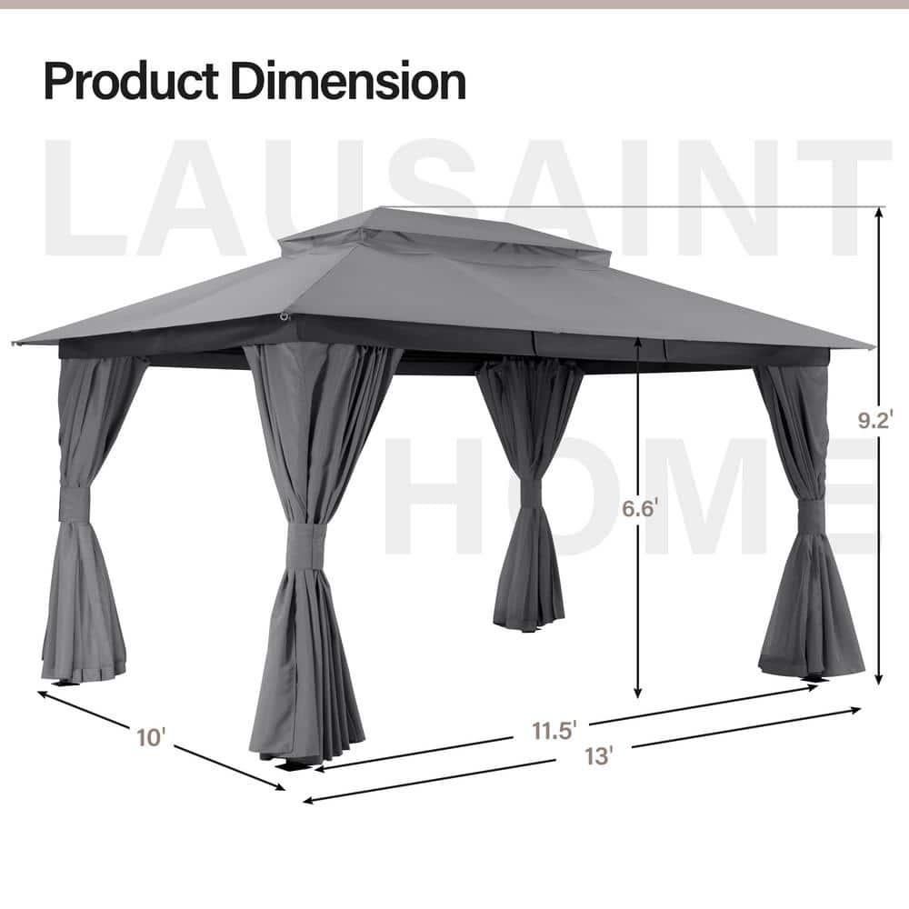 LAUSAINT HOME 10'x13' Patio Gazebo, Double Roof Outdoor Shelter Tent with Mosquito Nettings and Privacy Screens, Gray