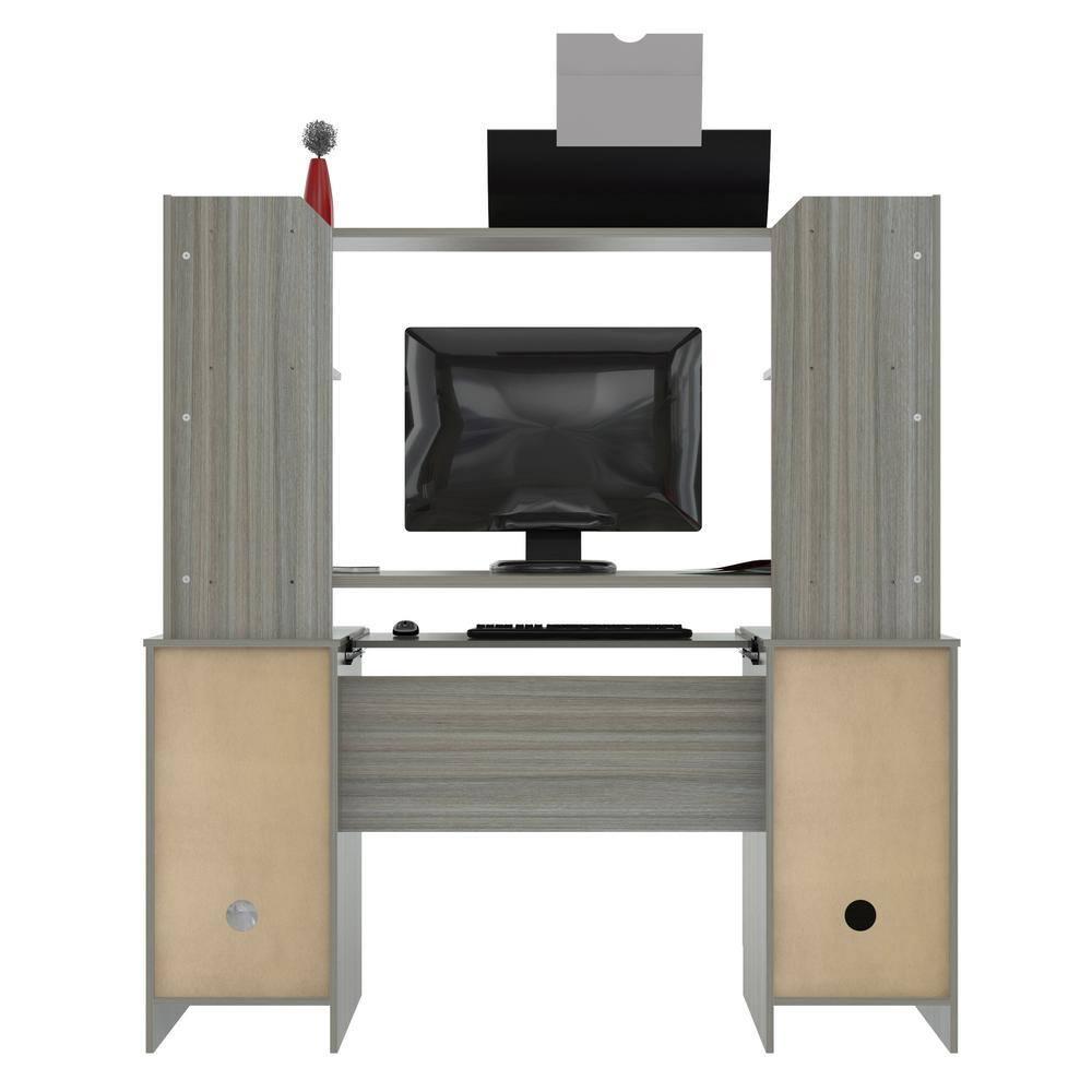 Computer Workcentre With Hutch Smoke Oak - Inval: Modern Laminate Writing Desk, MDF Frame, Open Shelf Storage