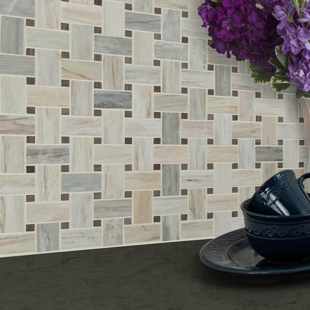 Angora Basketweave 12.5" x 12.5" Polished Marble Mosaic Floor and Wall Tile