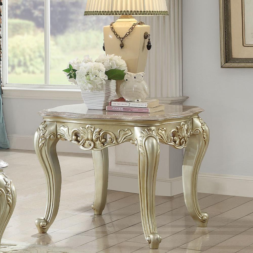 HomeStock End Table W/Marble Top, Marble & Baroque Bliss White