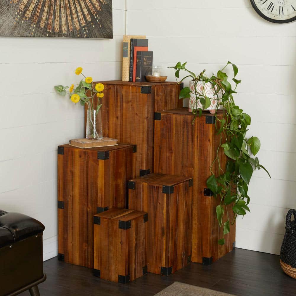 Set of 5 Farmhouse Wood Pedestal Tables Brown - Olivia & May: Indoor Accent Furniture, No Assembly Required