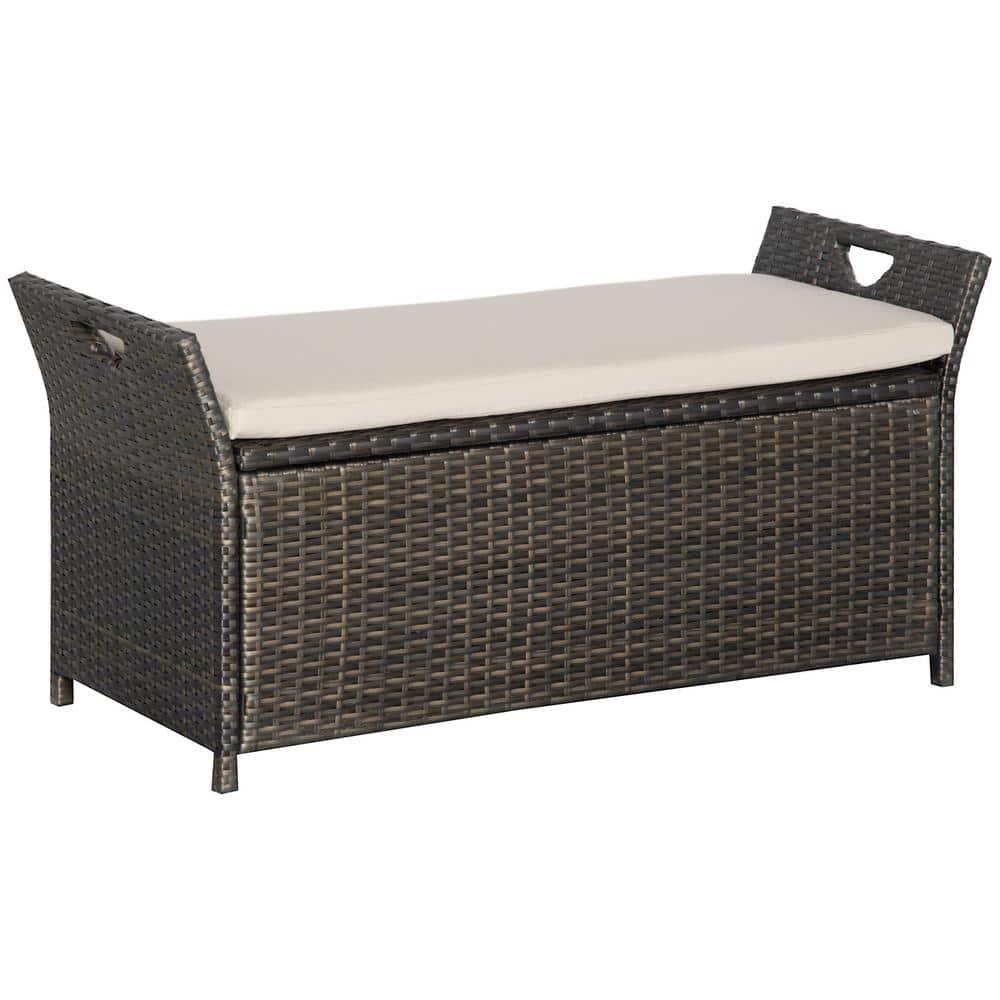 Outsunny 29 Gallon Patio Wicker Storage Bench, Outdoor PE Rattan Patio Furniture, 2-In-1 Footstool Rectangle Basket Box w/ Handles & Cushion, Cream