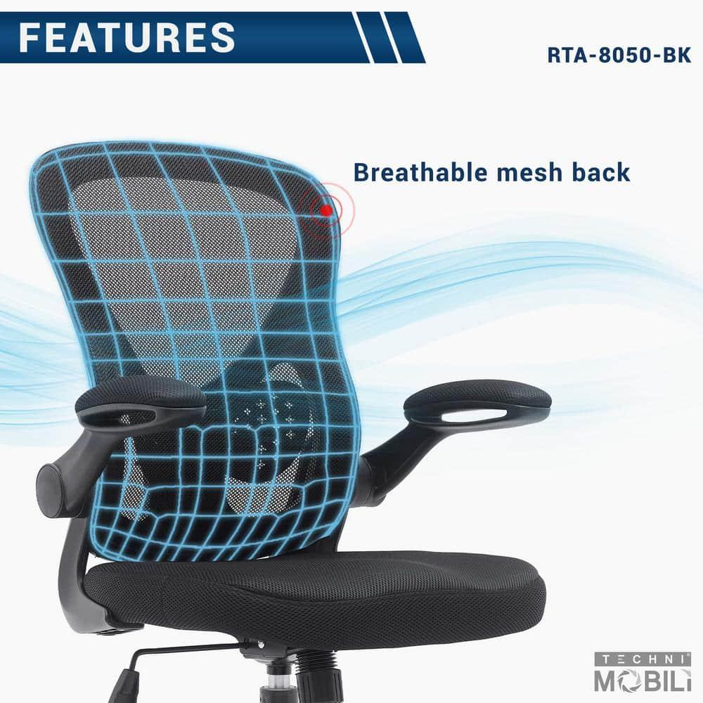 Techni Mobili Mesh Task Office Chair with Flip Up Arms Black - Techni Mobili: Ergonomic, Adjustable, Swivel, Nylon Frame