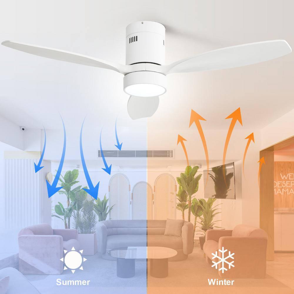 Sofucor 52 inch Wood Low Profile White Ceiling Fans with Lights and Remote, Modern Flush Mount Quiet Ceiling Fan for Bedroom, Reversible DC Moto
