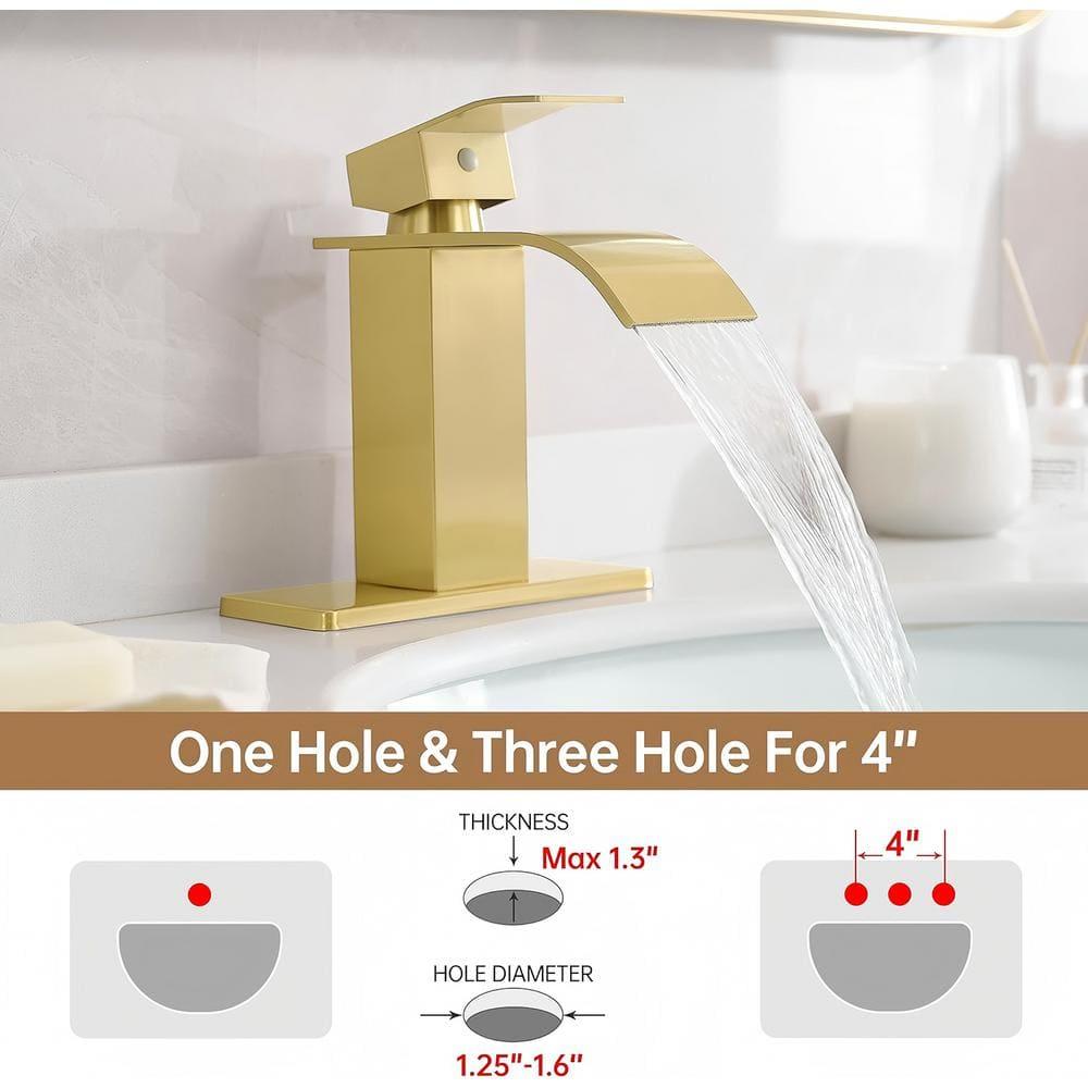 Single Handle Waterfall Spout Single Hole Bathroom Faucet with Deckplate Included and Drain in Brushed Gold