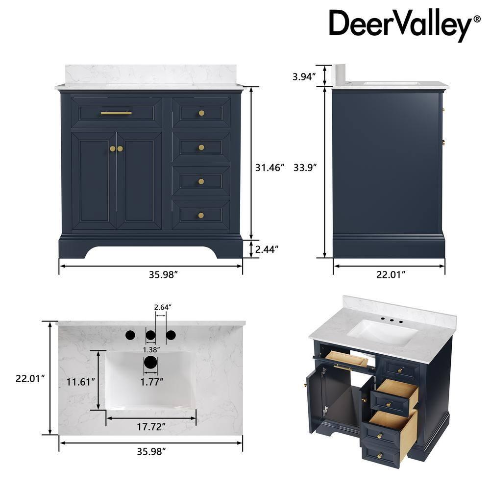 DeerValley Heritage 36'' Fully Assembled Single Bathroom Vanity with Backsplash, 3 Colors Available White/ Navy Blue/ Gray