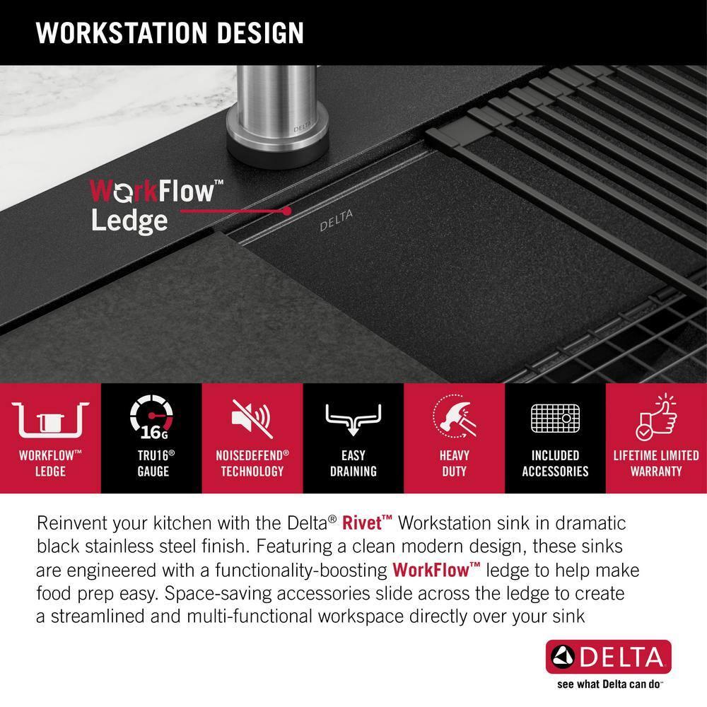 Delta Rivet™ Black Stainless Steel Retrofit Farmhouse Apron Front 16 Gauge Workstation Kitchen Sink Single Bowl