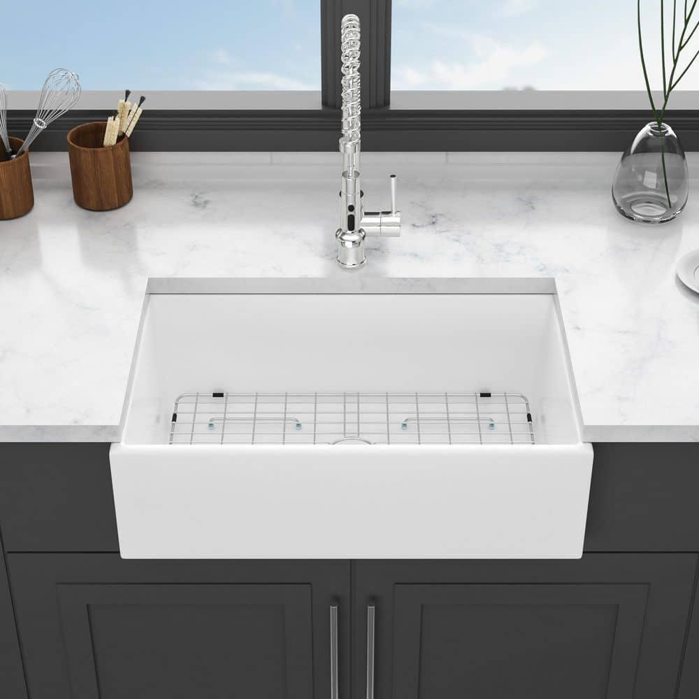 30 Inch Ceramic Kitchen Sink,Included Stainless Steel Dish Grid&Basket Strainer, Easy to Clean,Utility Sink for Workstation, Kitchen,White
