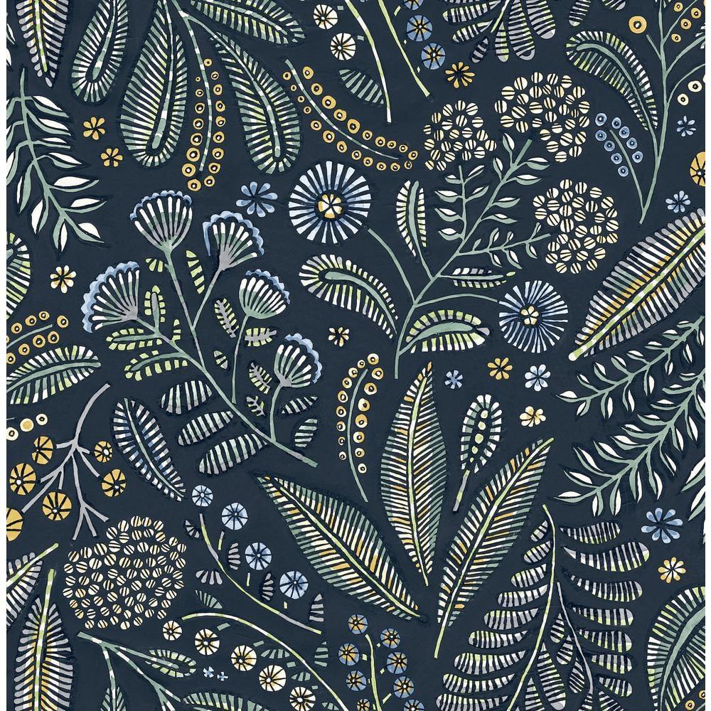 Navy Blue Floral Non-Woven Removable Wallpaper