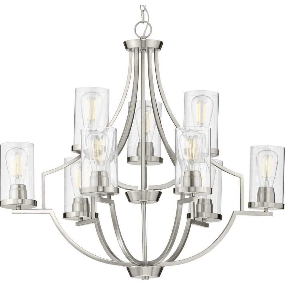 Progress Lighting, Lassiter Collection, 9-Light Chandelier, Brushed Nickel, Clear Glass Shades