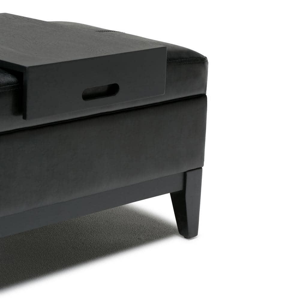 Simpli Home Oregon 42 inch Wide Contemporary Rectangle Storage Ottoman Bench with Tray in Tanners Brown Faux Leather-Finish:Midnight Black