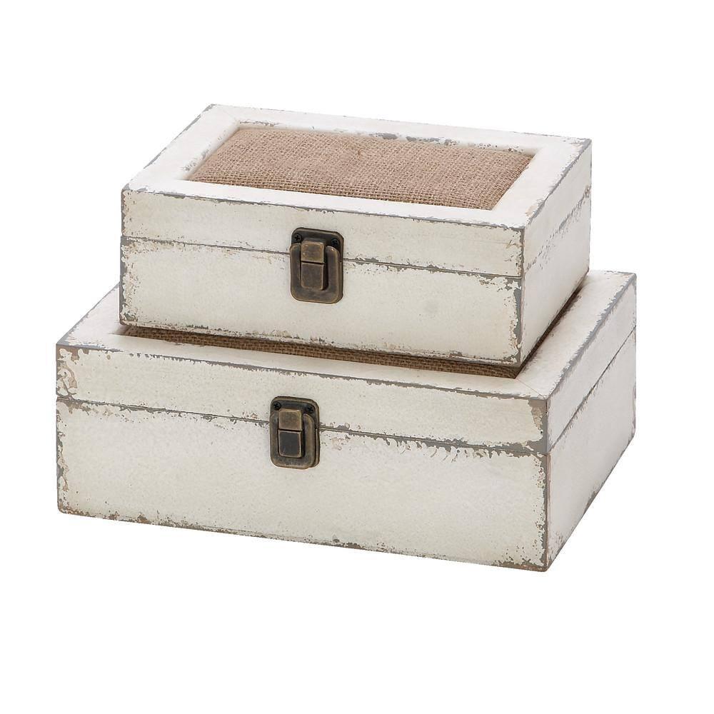 DecMode White Wood Decorative Box with Hinged Lid, 2 Count