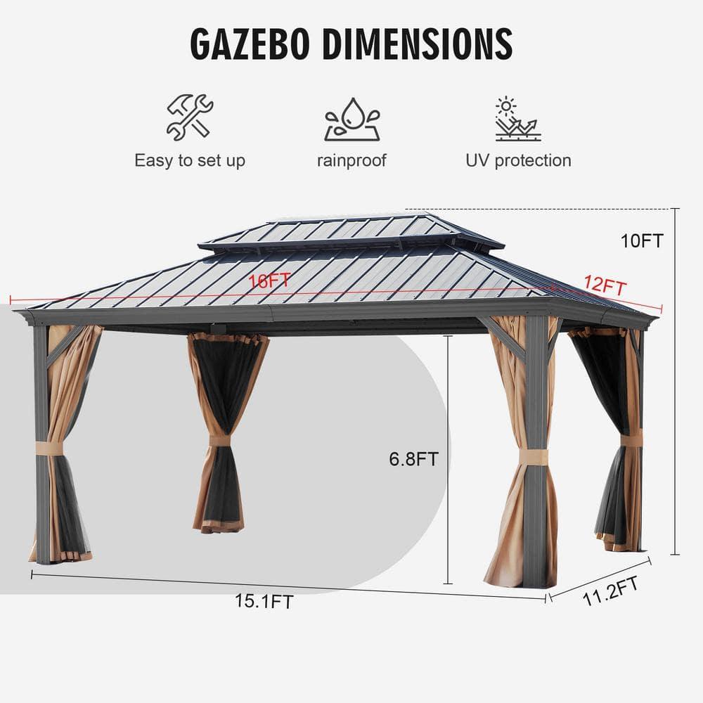 Kozyard Kozyard Alexander Gray Double Roof Hardtop Gazebo with Privacy Curtain Mosquito Netting