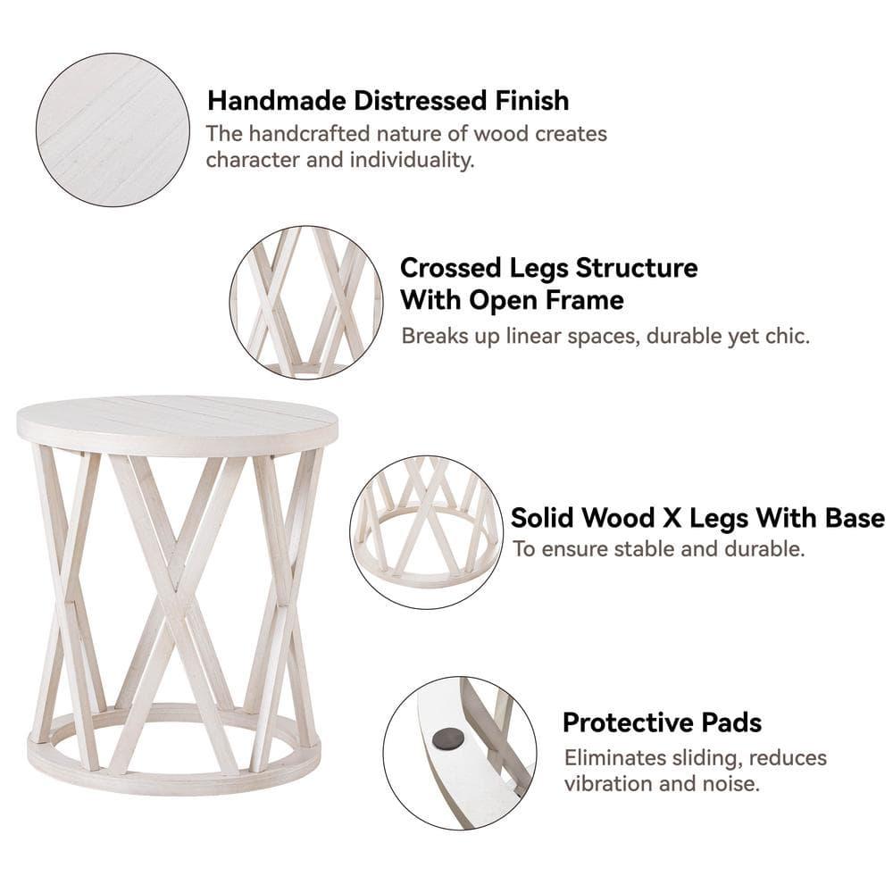 COZAYH Farmhouse End Table, Rustic Round Side Table with X-Motifs Legs, Wood Textured Top, for Boho, French Country Decor, Antique White