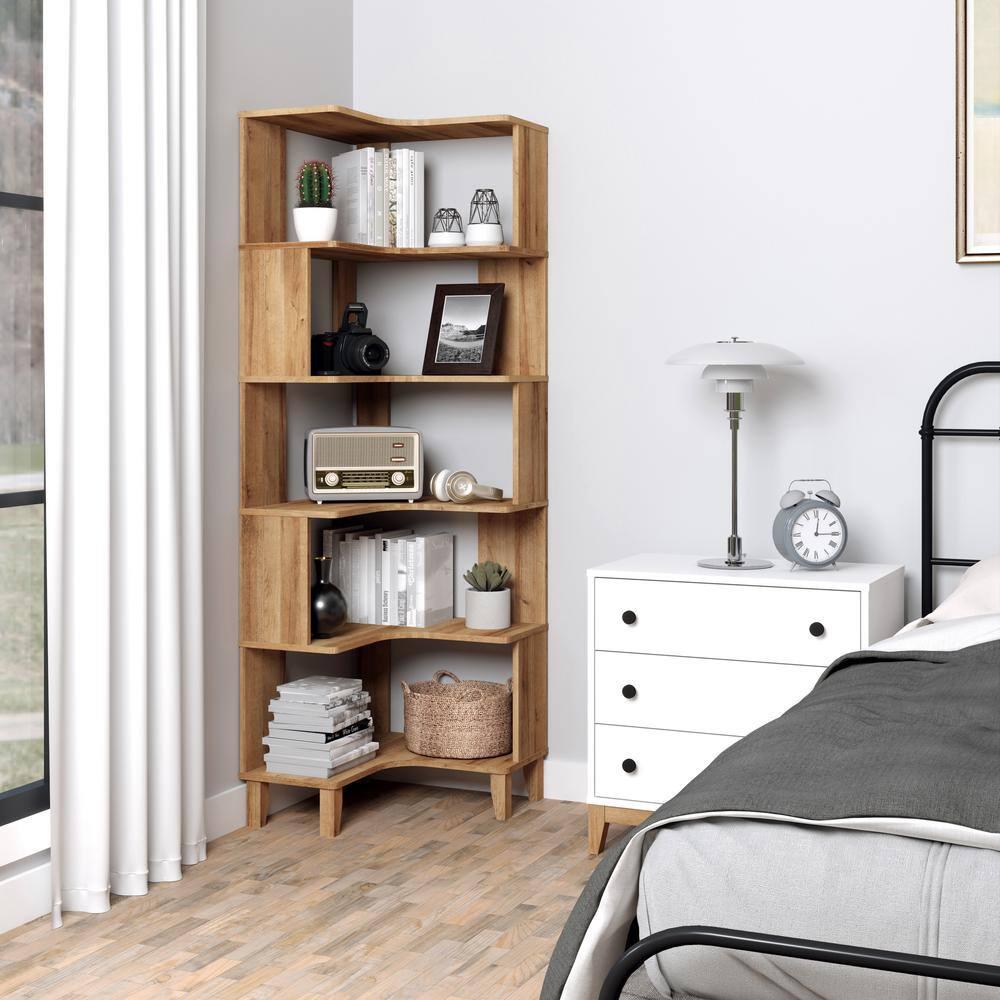 Prepac Nordik 6-Tier Natural Oak Modern Mid Century Corner Bookcase, 71.5" Extra Tall Corner Shelf with Storage, Multifunctional Freestanding Bookshelf for Home Office, Living Room, Bedroom