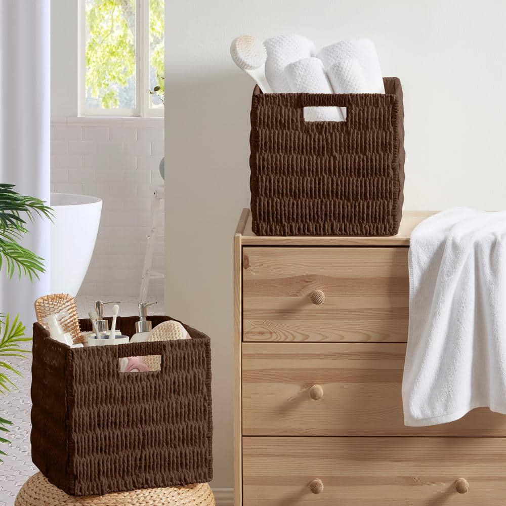 Ornavo Home Wicker Storage Cubes Bin, 10.5 Inch Storage Shelf Basket Collapsible Natural Hand Woven Paper Storage Cube Bin with Handles - Set of 2, Brown