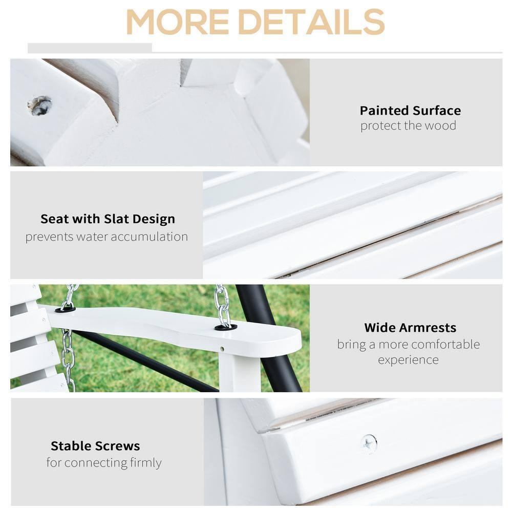 Outsunny 3-Seater Wooden Porch Swing, Patio Swing Bench with Folding Coffee Table, Cup Holders and Chains Included, 440lbs Weight Capacity, White