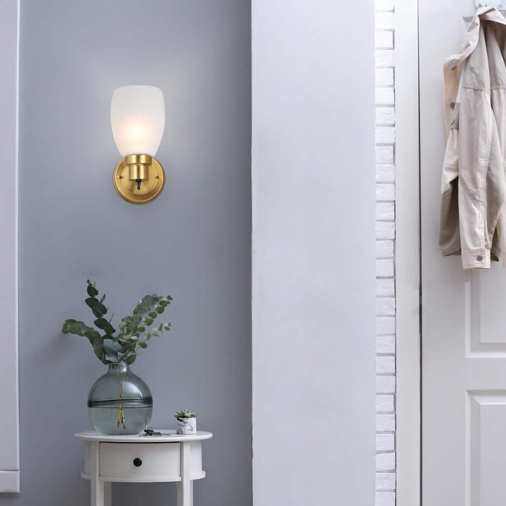 Design House 588814-SG Lydia Transitional 1-Light Indoor Wall Light Dimmable with a White Frosted Glass Shade and Twist On/Off Switch for Hallway Foyer Bathroom, Satin Gold