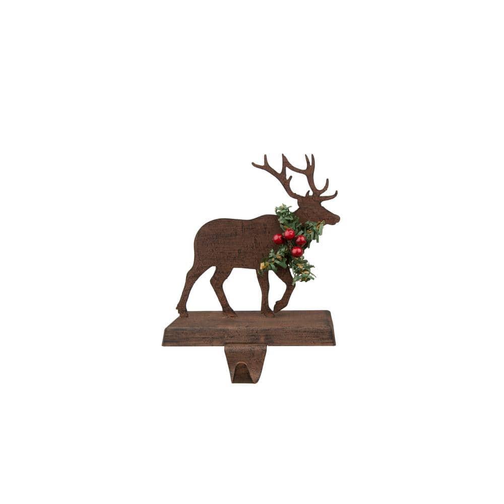 6.5" Brown and Green Unique Wooden Reindeer Stocking Holder