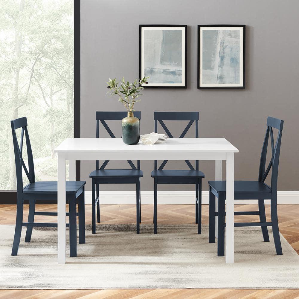 5pc Contemporary Farmhouse Dining Set White/Navy - Saracina Home: Rubberwood & MDF, Non-Extension Rectangle Table