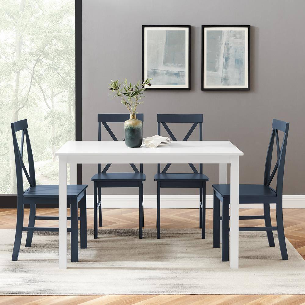 5pc Contemporary Farmhouse Dining Set White/Navy - Saracina Home: Rubberwood & MDF, Non-Extension Rectangle Table