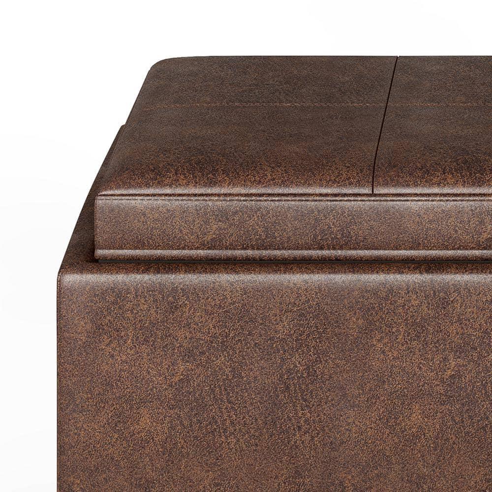 Simpli Home Avalon 35"W Upholstered Storage Ottoman Set with 5 Pieces and Flip-Over Serving Tray Lids