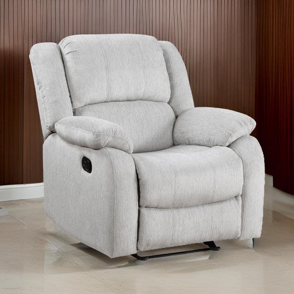 Benjara BM314756 38 in. Chris Manual Glider Recliner Chair, Solid Wood - Light Gray Chenille