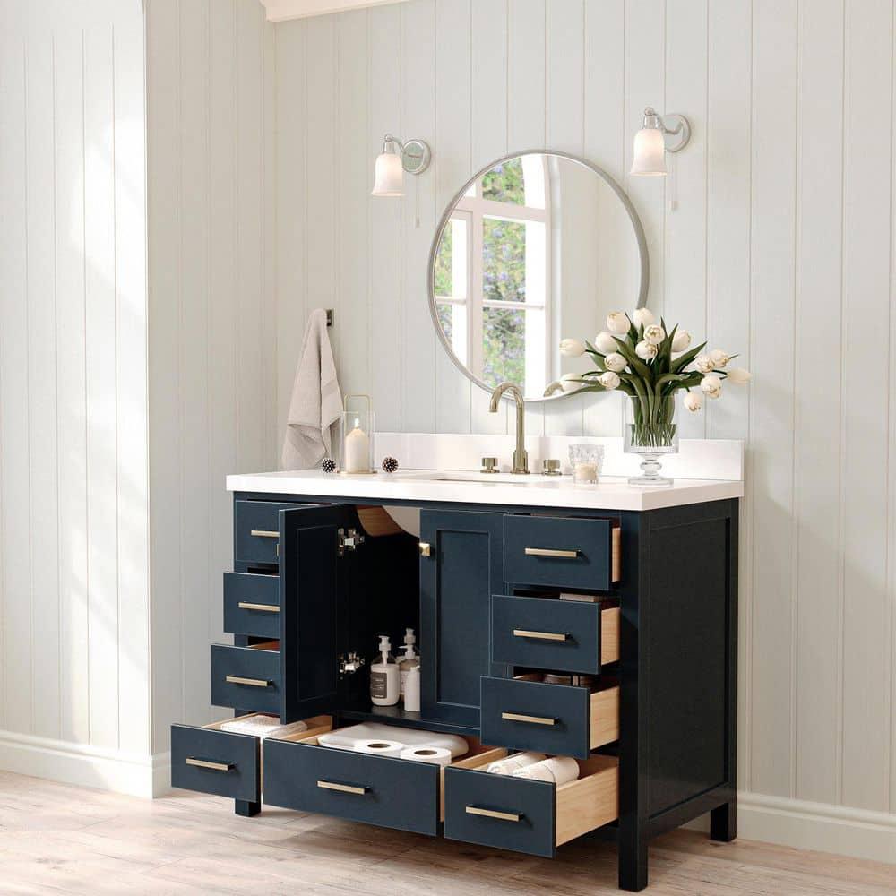 ARIEL 49" Bathroom Vanity with 1.5" Edge Pure White Quartz Countertop & Backsplash, Center Rectangular Sink, 2 Soft Closing Doors, 9 Full Extension Dovetail Drawers, Brushed Nickel - Midnight Blue