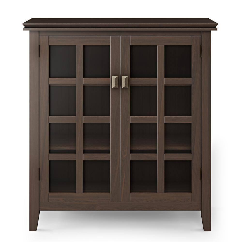 Simpli Home Artisan 38"W Solid Wood 4-Shelf Medium Storage Cabinet with Glass Doors and Adjustable Shelves