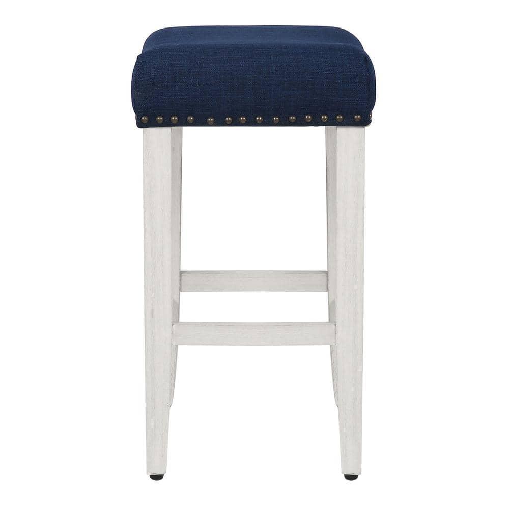 Polytrends Jameson Upholstered Polyester Antique White 24 Inch Counter Stool Antique White/Navy Blue Wood Wood Footrest Foam Modern & Contemporary