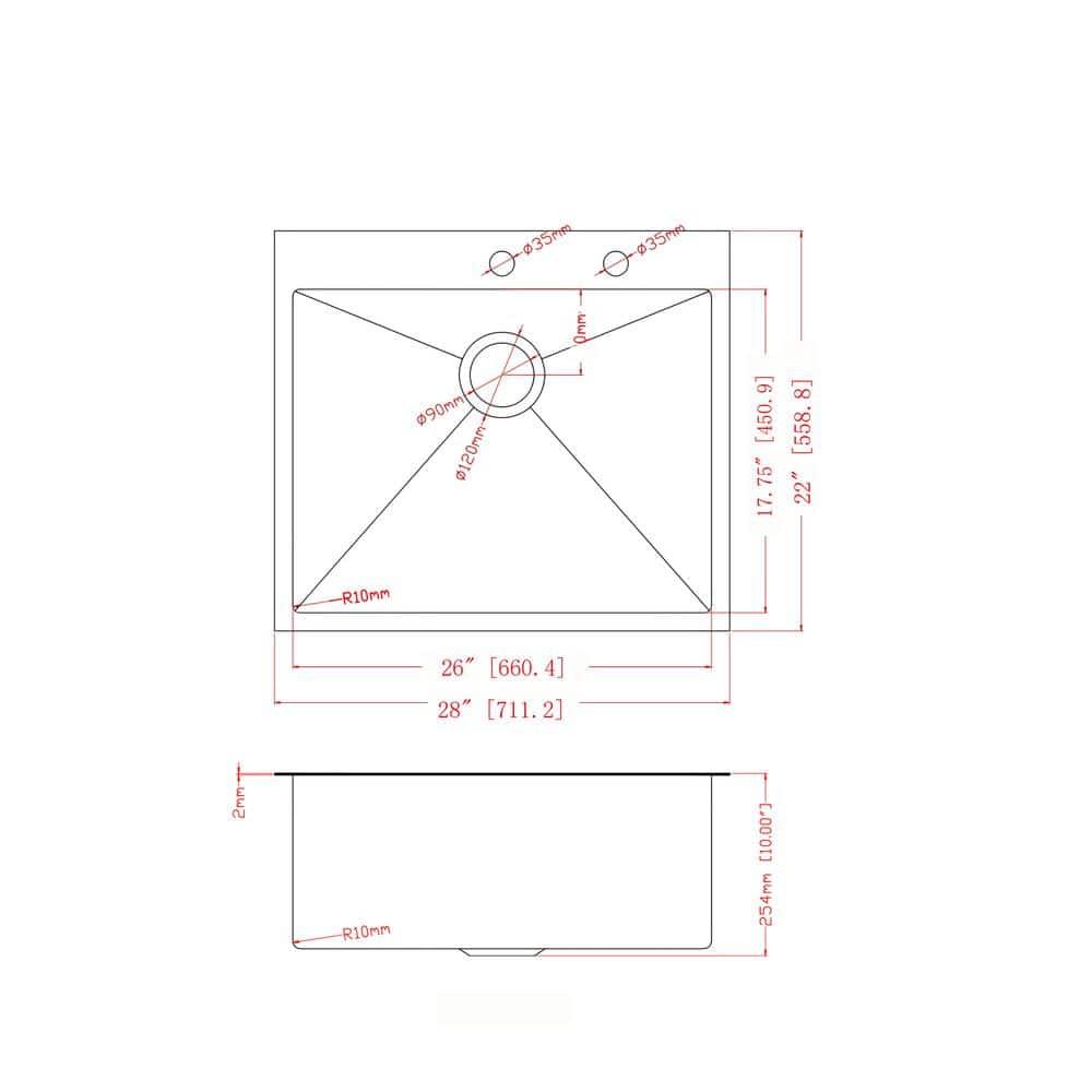 28 In. Kitchen Sink Drop In 16-gauge Stainless Steel Single Bowl Topmount Kitchen Sink Basin