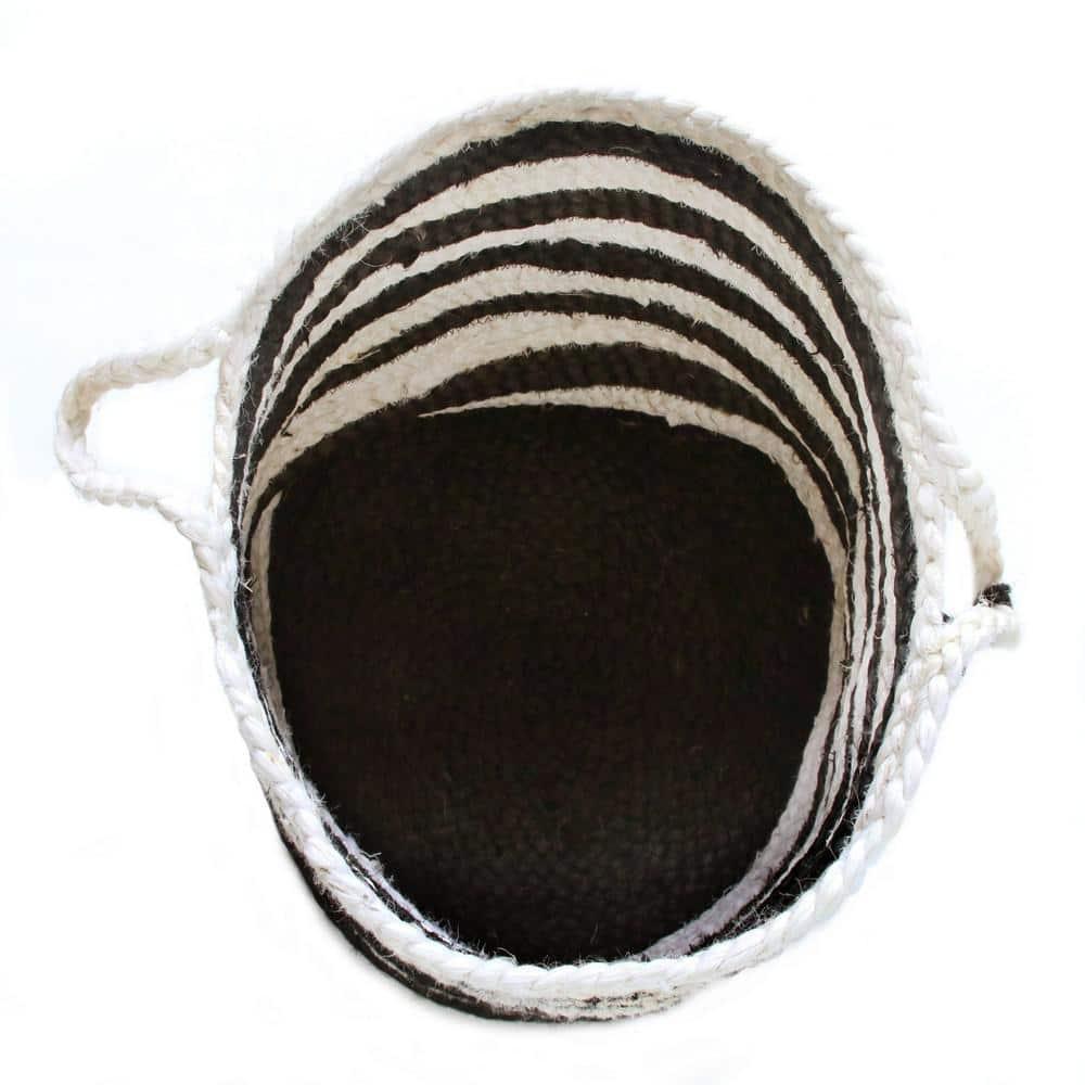 LR Home Woven Round Jute 17" Storage Basket with Handles, Black/White Multi Stripe