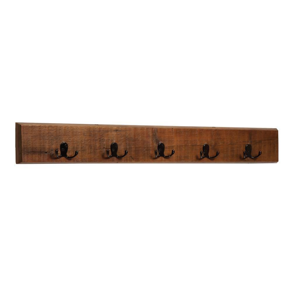 Alaterre Furniture Revive Wall Coat Hook with Bench Set Brown: Hardwood Hall Tree, 5 Hooks, Stained Finish