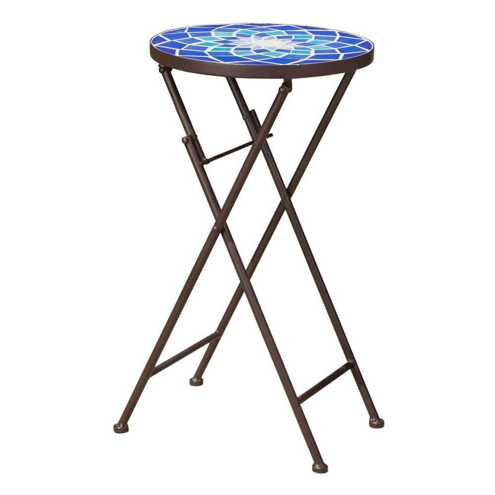 Fleur De Lis Living Folding Blue and White Top Side Table with Iron Frame, Multifunctional Plant or Beverage Stand