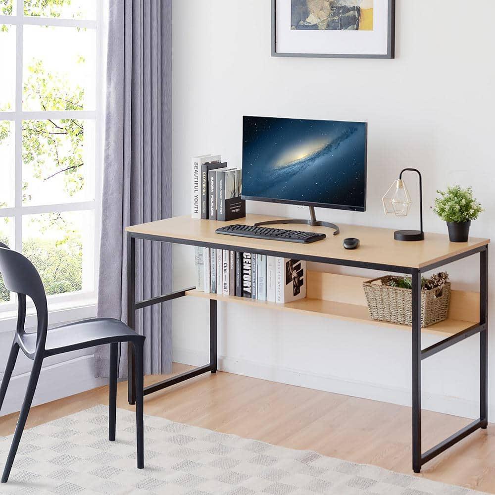 Costway 55'' Computer Desk Writing Table Workstation Home Office w/Bookshelf Natural