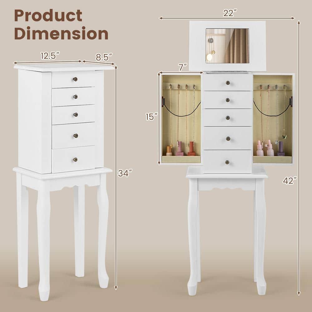 Standing Jewelry Cabinet Armoire with Top Flip Mirror, Jewelry Box Chest with 4 Drawers, Top Compartments, 8 Necklace Hooks and 2 Side Doors, White