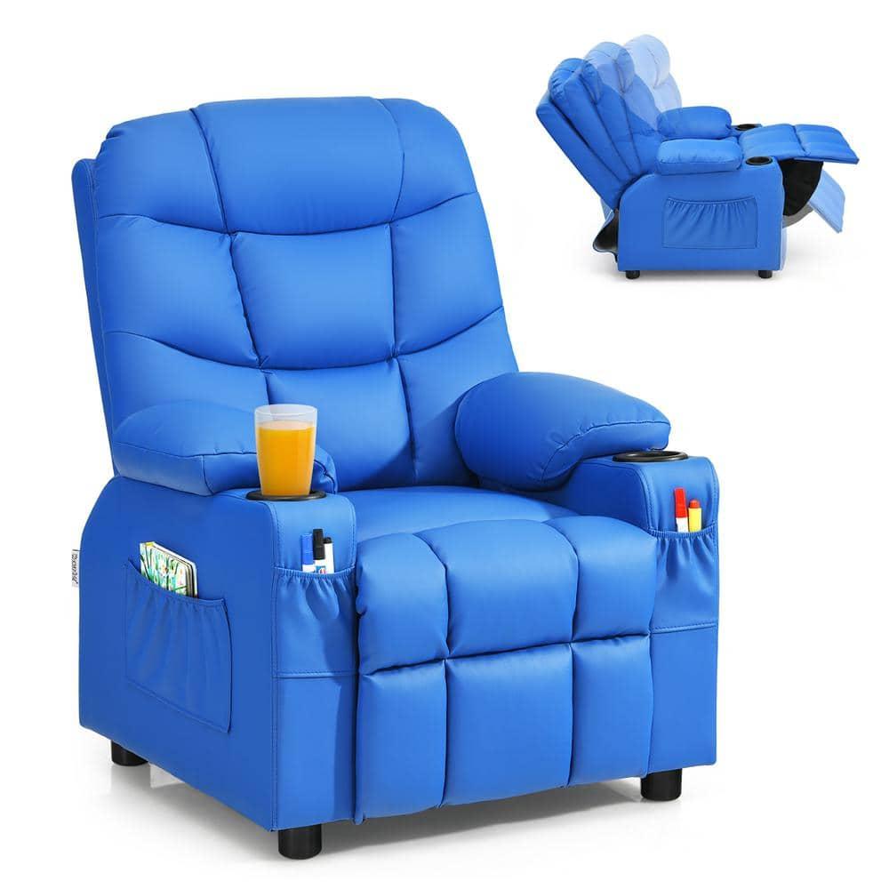 Costway Kids Youth Recliner Chair PU Leather w/Cup Holders & Side Pockets Blue