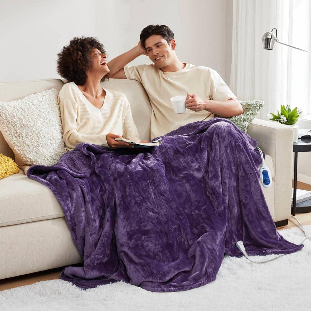 60"x70" Electric Heated Microlight to Berber Throw Blanket Purple: Beautyrest, Lightweight, Machine Washable