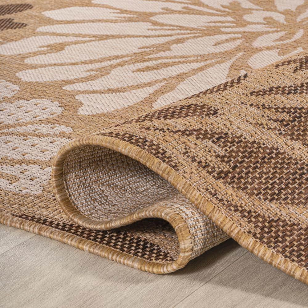 5' x 5' Zinnia Modern Floral Textured Weave Indoor/Outdoor Area Rug, Brown/Cream - JONATHAN Y