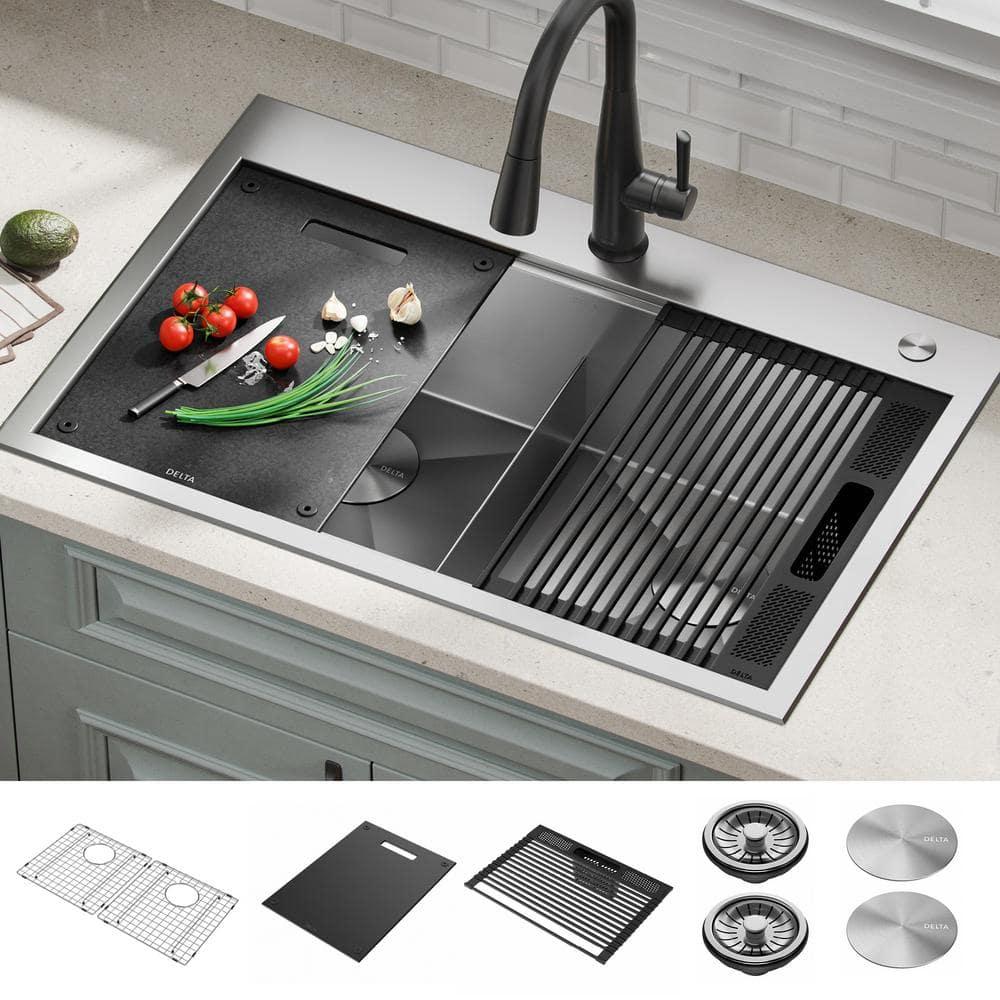Delta Rivet™ 33" L Workstation Kitchen Sink Drop-In Top Mount 16 Gauge Stainless Steel 50/50 Double Bowl