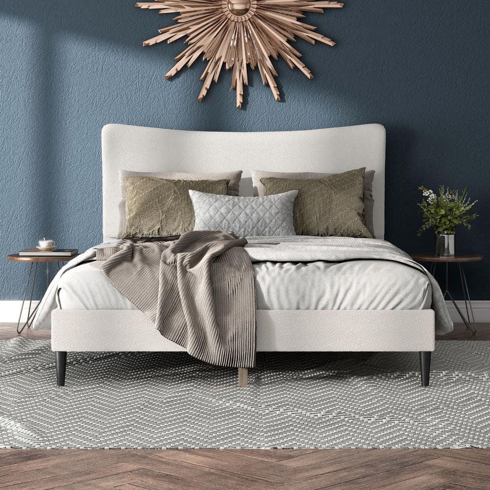 24/7 Shop At Home Queen Heartwild Modern Boucle Upholstered Wingback Platform Bed White