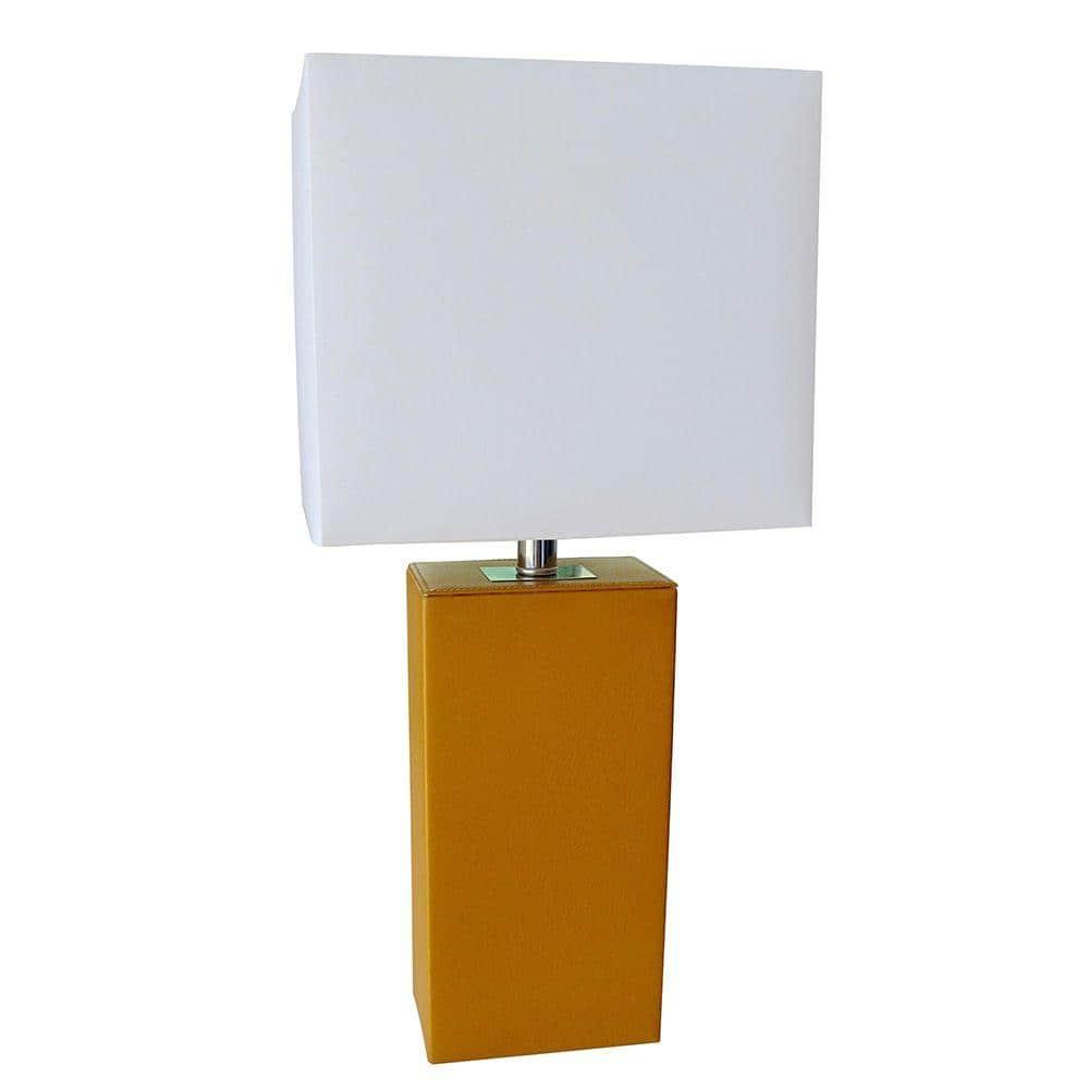 Leather Table Lamp with Fabric Shade Tan/Brown - Elegant Designs